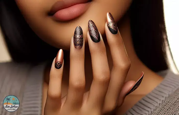 Rose gold and black nail design