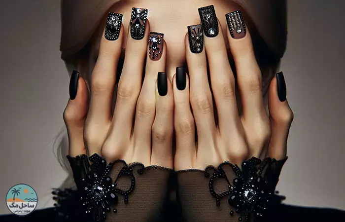 Black nails with studs and rhinestones