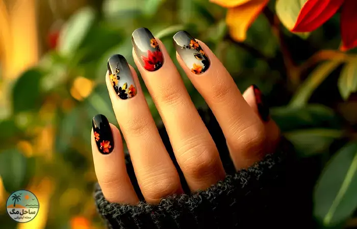 Black with floral accents nail design