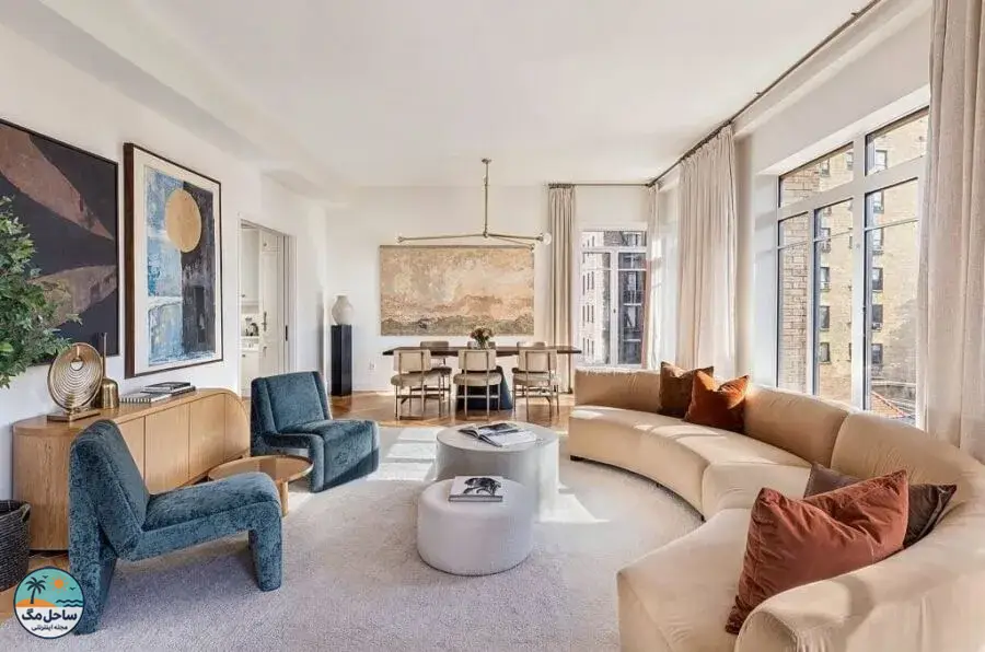 Sculptural modern interior design ideas in a living room by Decorilla designer, Leanna S.