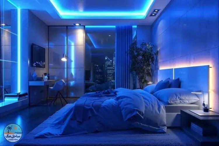 Blue LED lights in a modern bedroom interior design by Decorilla